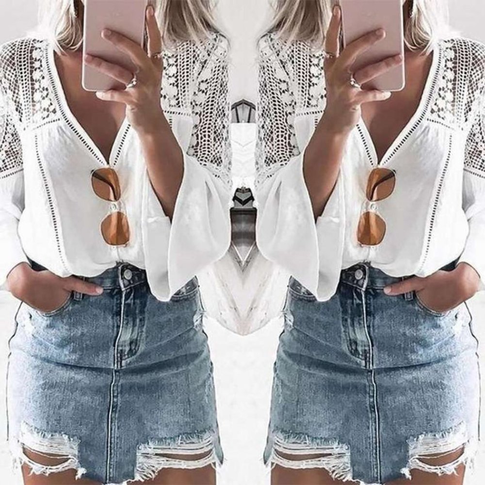 Boho White Lace Festival Button Front Blouse Top - Picture 8 of 9